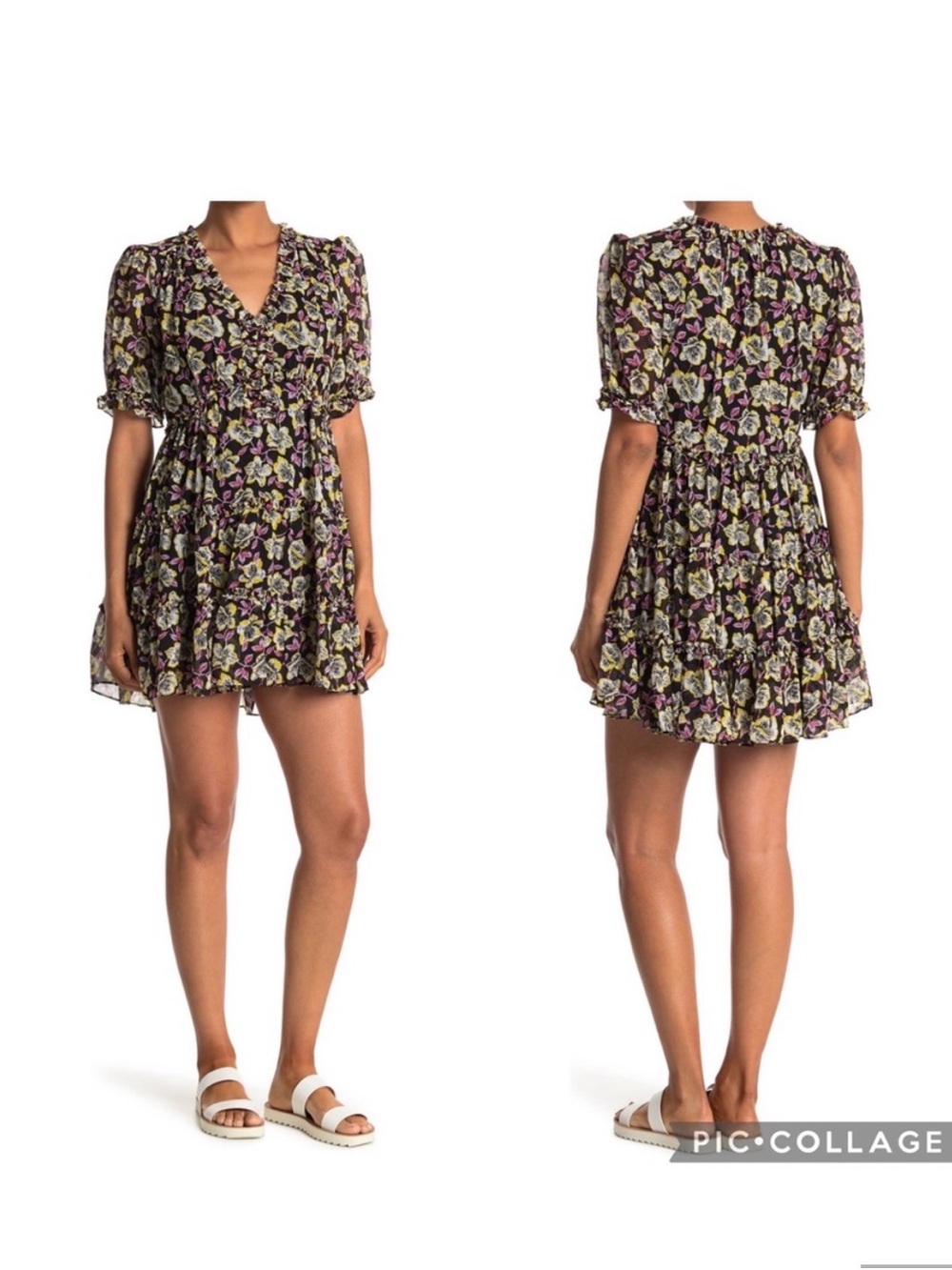 cinq a sept Black Floral V-Neck Mini Dress with Purple and Cream Flowers